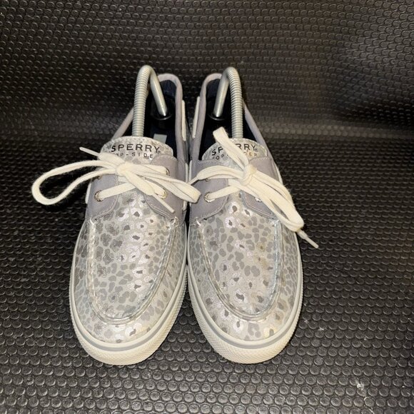 Sperry Top Sider White Gray Silver Leopard Canvas Lace Up Boat Shoes Size 9M - Picture 2 of 8